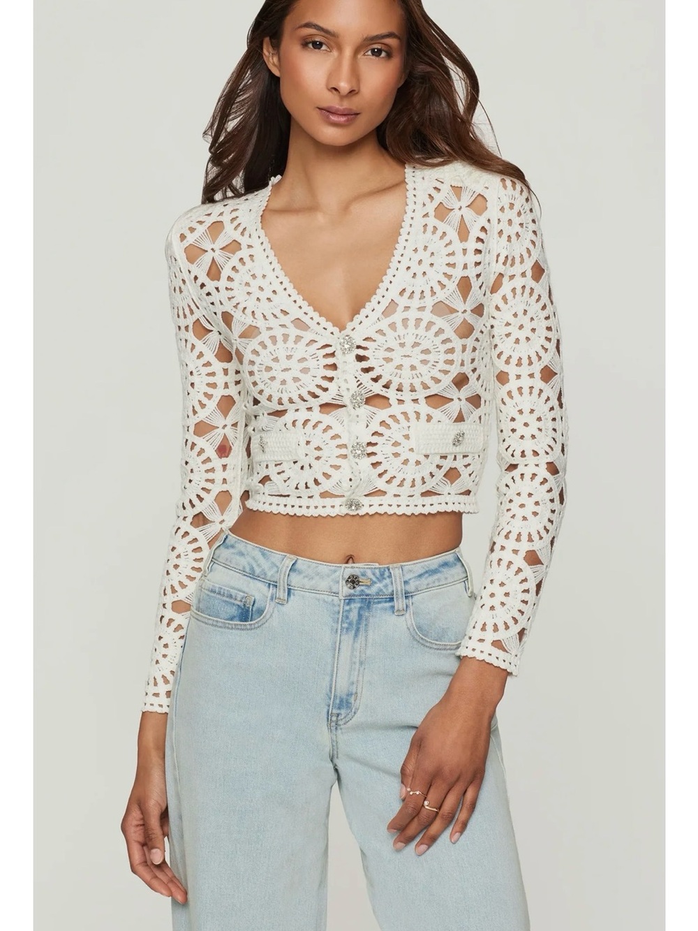 Generation Love Melody White Crochet V-Neck Button Cardigan